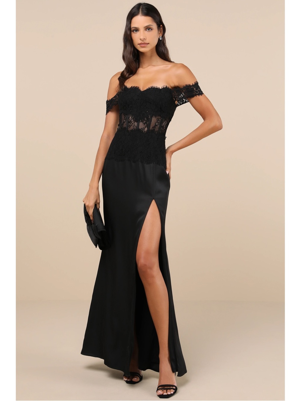 Lulus Exceptionally Exquisite Black Lace Off-Shoulder Satin Maxi Dress Event XL